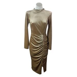 Fervente Gold Velvet Velour Long sleeve Mock Neck Ruched Midi Sheath Dress Sz 8